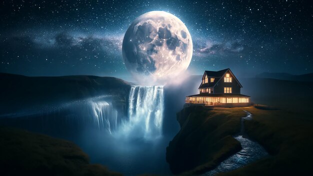 Photo maison perchée précairement cascade avec un ciel étoilé et une super lune inhabituellement grande