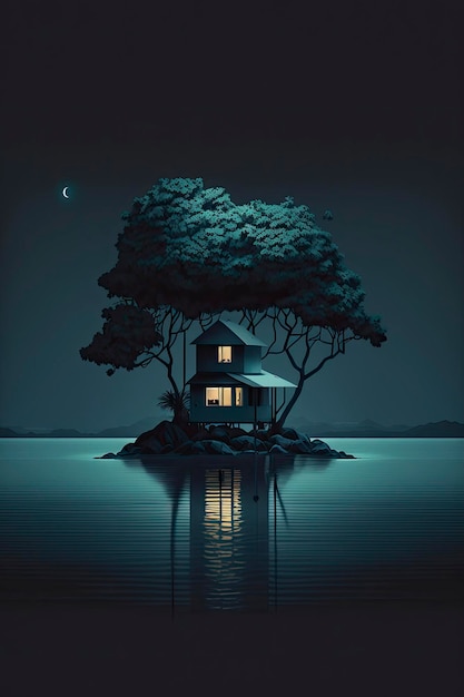 Une maison sur une petite île avec une nuit au clair de lune.