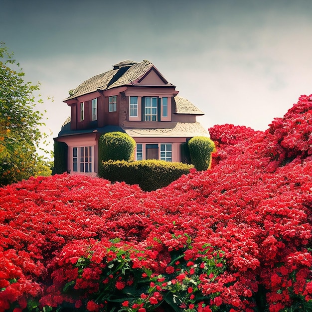 Photo maison photo avec beaucoup de fleurs rouges en face d'elle ai générative