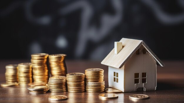 maison et pièces sur table sur fond noir