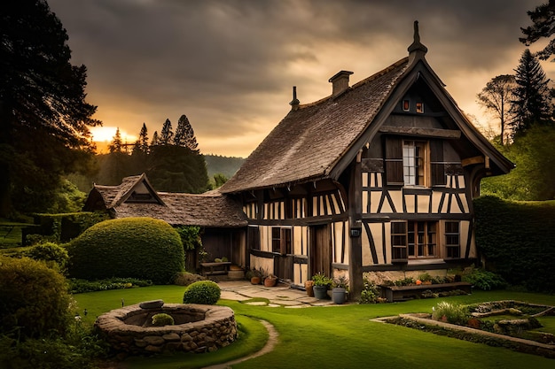 Maison en pierre dans les bois avec jardin