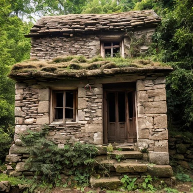 Photo maison en pierre délabrée dans la forêt