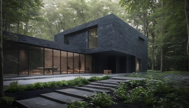 maison de pierre noire dans les bois avec aménagement paysager