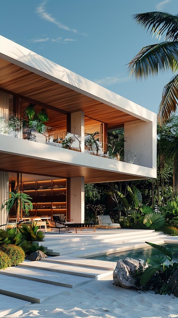 une maison avec une piscine et un palmier