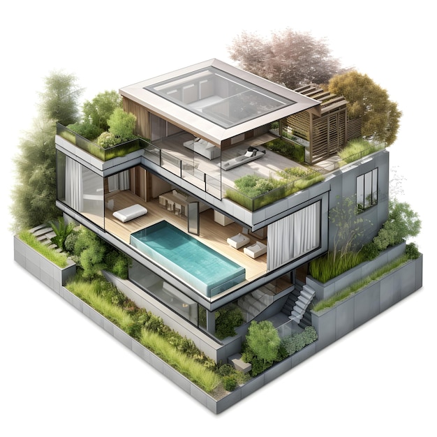 Une maison avec une piscine et une piscine au-dessus