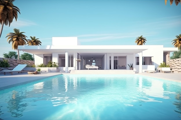 Une maison avec une piscine et une piscine au premier plan