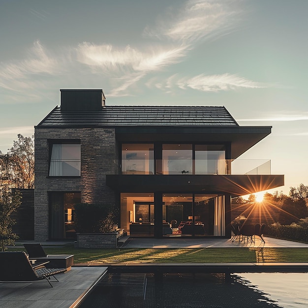 une maison avec une piscine et une vue sur le coucher du soleil