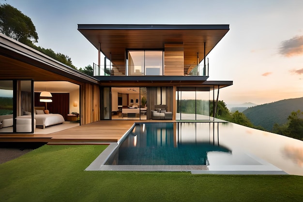 Une maison avec piscine et vue sur les montagnes