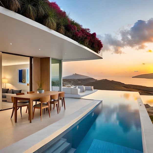 Une maison avec piscine et vue sur l'océan.