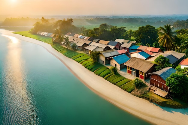 une maison de plage avec un coucher de soleil en arrière-plan