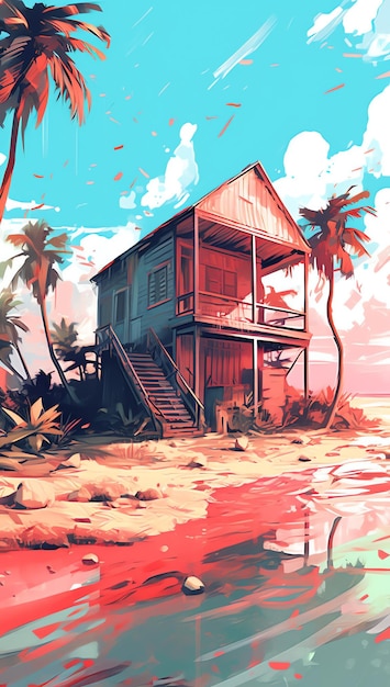 Une maison sur une plage avec un escalier et un palmier en arrière-plan.