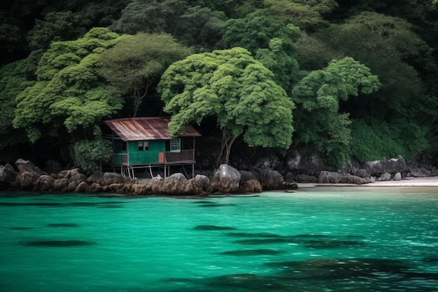 Une maison sur une plage avec un fond d'eau verte