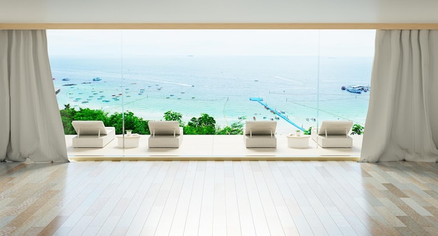 Maison de plage de luxe minimale avec vue sur la mer sur la terrasse design moderne chaises longues sur le pont à la maison de vacances ou à l'hôtel illustration de rendu 3d des vacances d'été extérieur de la villa avec piscine