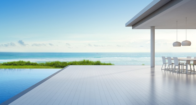 Maison de plage de luxe avec piscine vue mer et terrasse vide au design moderne