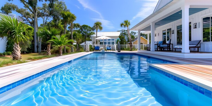 Photo maison de plage de luxe avec terrasse de piscine et porche arrière dans un cadre fictif concept maison de plage fictive design luxueux porte de piscine arrière porche vues pittoresques