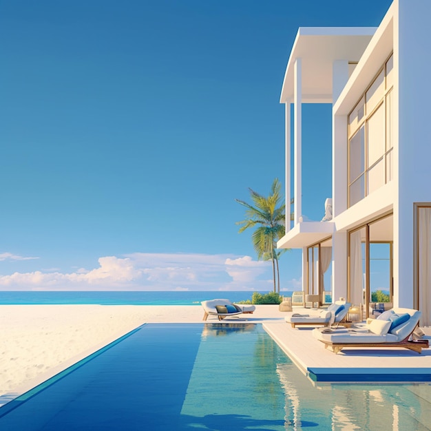 Une maison de plage luxueuse avec piscine et chaises longues, un lieu de vacances parfait pour les médias sociaux.