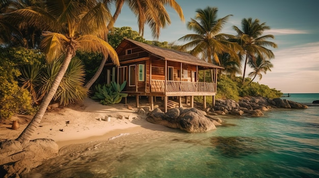 Une maison sur une plage avec des palmiers en arrière-plan