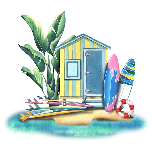 Une maison de plage avec des planches de surf, une bouée de sauvetage et un palmier sur une île de sable avec un océan de mer azur Illustration à l'aquarelle Composition de la collection SURF Pour la décoration et le design