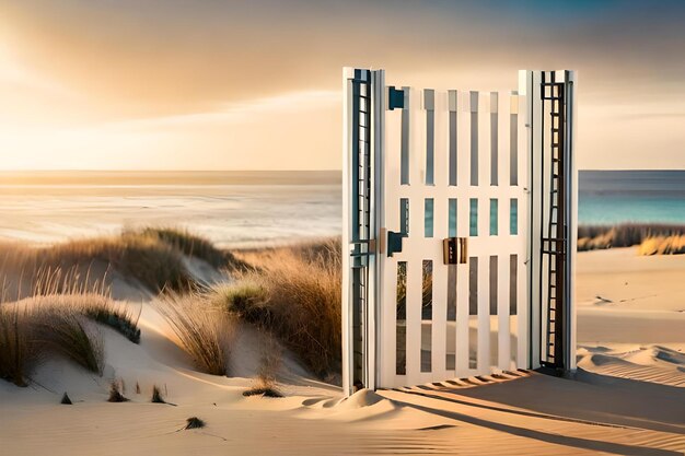 Photo une maison de plage avec une porte blanche dans le sable