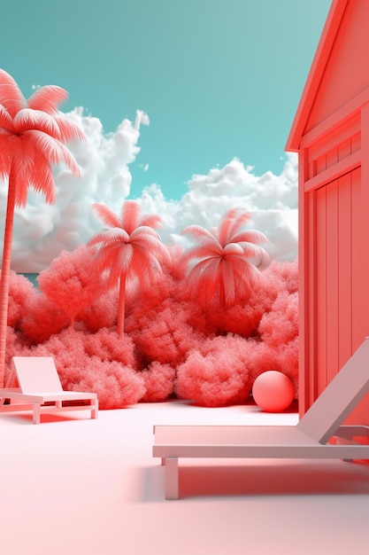 Une maison de plage rose avec un ciel bleu et des palmiers.