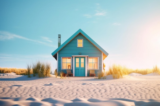 Une maison sur une plage avec le soleil qui brille dessus