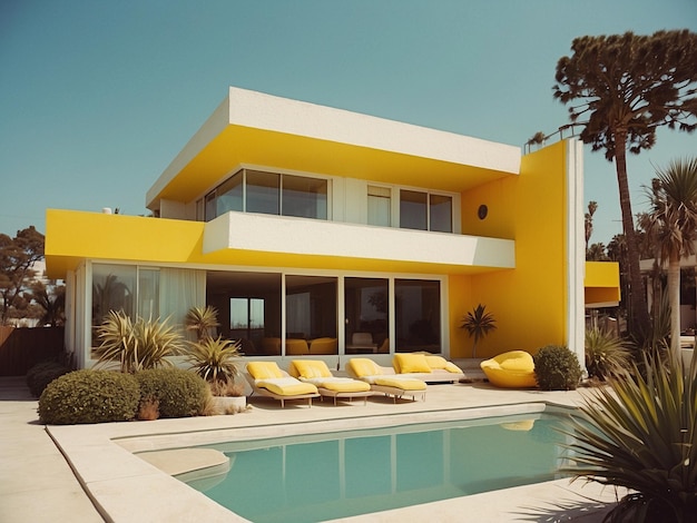 Photo maison de plage de style moderne du milieu du siècle extérieure blanche et jaune