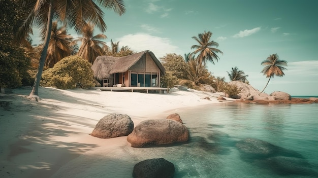 Une maison de plage avec un toit de chaume et des palmiers en arrière-plan