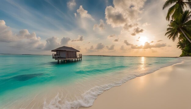 Photo une maison de plage avec vue sur l'océan et le coucher du soleil