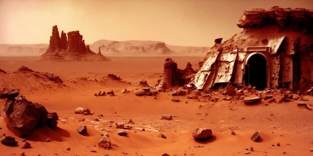 Une maison de la planète Mars rouge se trouve au milieu d'un paysage désertique.