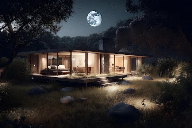 Une maison avec une pleine lune en arrière-plan