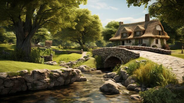 une maison avec un pont en pierre sur un ruisseau