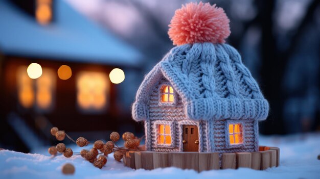 Photo une maison portant un chapeau bleu tricoté entourée de chaudes lumières bokeh une scène festive et accueillante