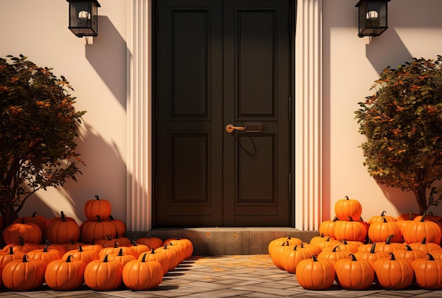 une maison a une porte noire avec des citrouilles orange sur un style d'occlusion ambiante