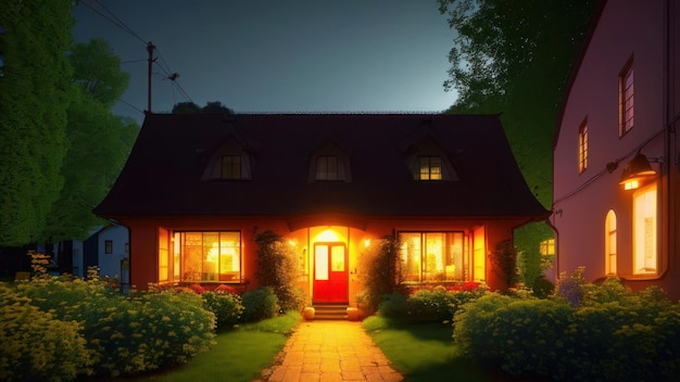 Une maison avec une porte rouge et un porche éclairé.