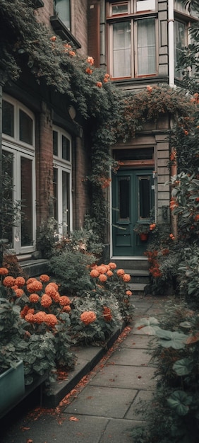 Une maison avec une porte verte et des fleurs rouges