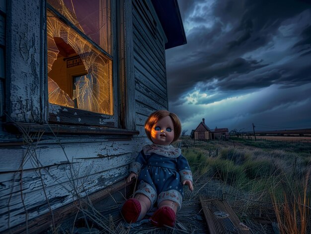 La maison de poupées abandonnée, la fenêtre cassée, la nuit orageuse, la photographie, la silhouette, l'éclairage, le HDR, la vue aérienne.