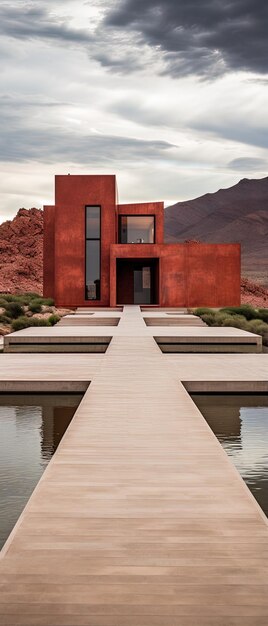 une maison qui a une maison rouge sur le devant