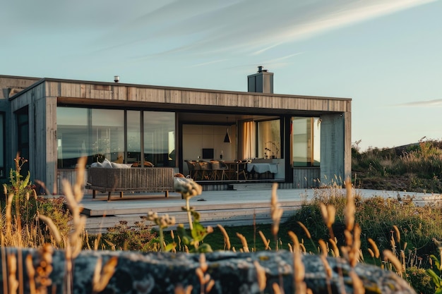 Une maison qui a un patio et un canapé devant elle.