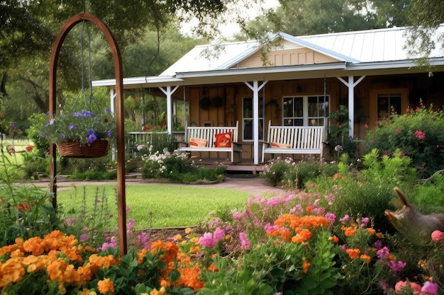 Maison de ranch avec balançoire couverte et plantes à fleurs créées avec une IA générative