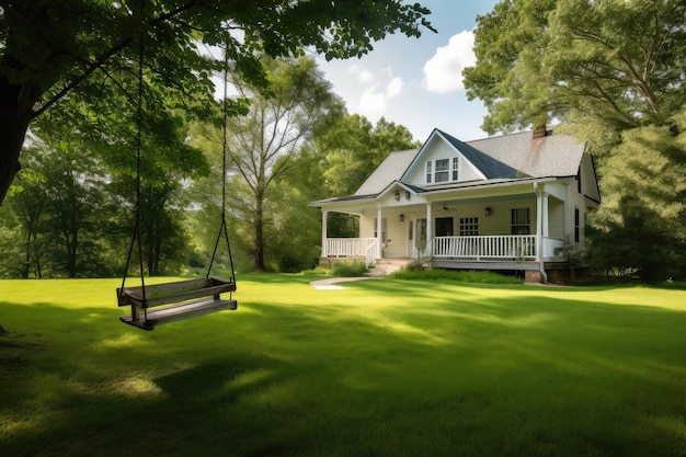Maison de ranch avec balançoire donnant sur une pelouse verdoyante