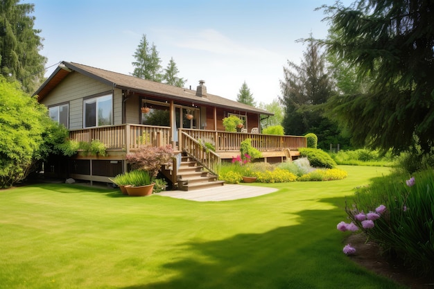 Maison de ranch entourée d'une pelouse verdoyante et d'un jardin avec terrasse en bois surplombant la propriété créée avec une ai générative