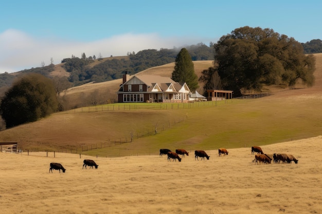 Maison de ranch avec vue sur les collines et le bétail en pâturage créé avec une IA générative