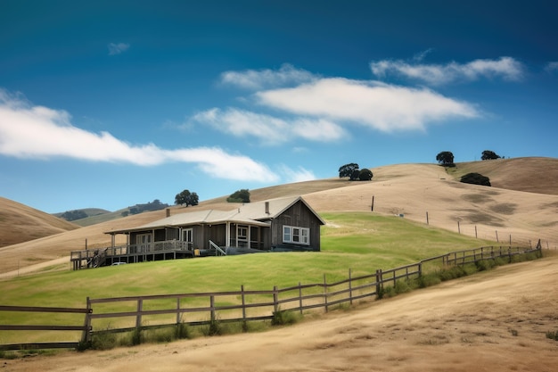 Maison de ranch avec vue sur les collines et le ciel bleu sur fond de grands espaces