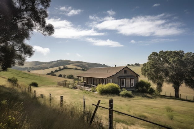 Maison de ranch avec vue sur les collines et les terres agricoles bordées d'arbres