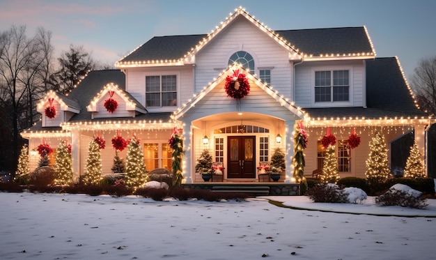 Une maison recouverte de lumières de Noël et de décorations festives pour les fêtes de fin d'année