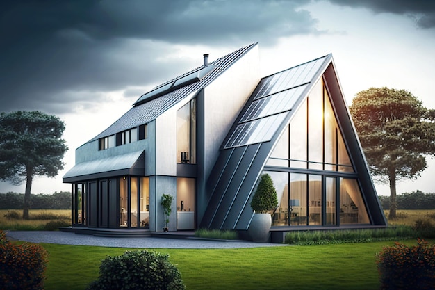 Maison résidentielle avec fenêtres en aluminium modernes et panneaux solaires générative ai