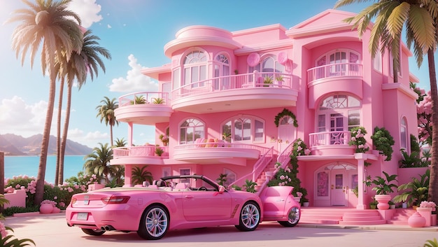 La maison de rêve de Barbie avec une voiture rose