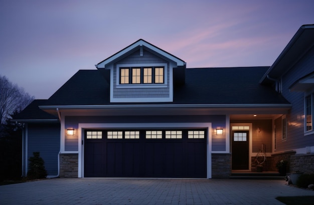 Photo une maison avec un revêtement gris et un garage avec des portes noires