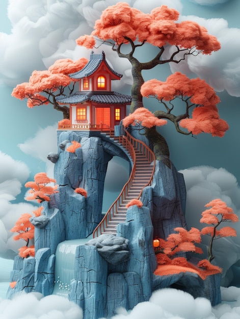 une maison sur un rocher avec un arbre au sommet