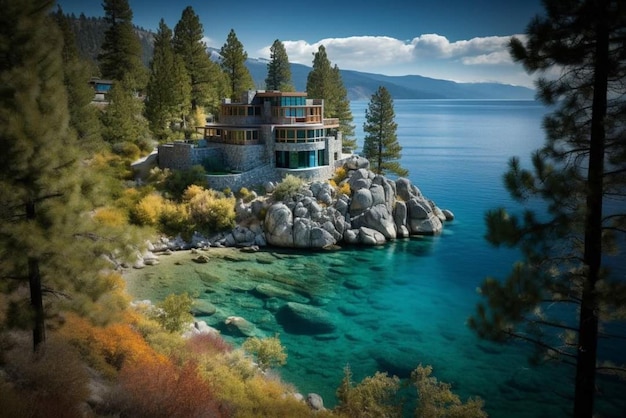 Une maison sur un rocher entourée d'arbres et de montagnes